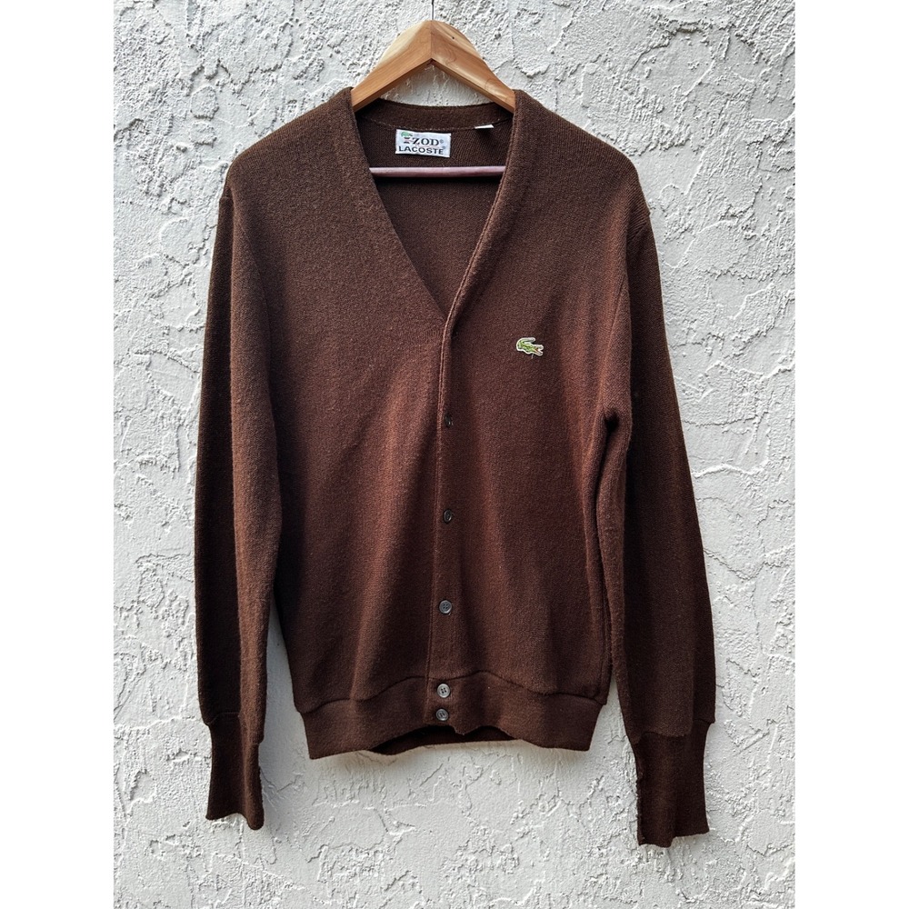 Vintage Izod Lacoste Brown Cardigan Sweater Orlon Acrylic USA Made Mens Medium